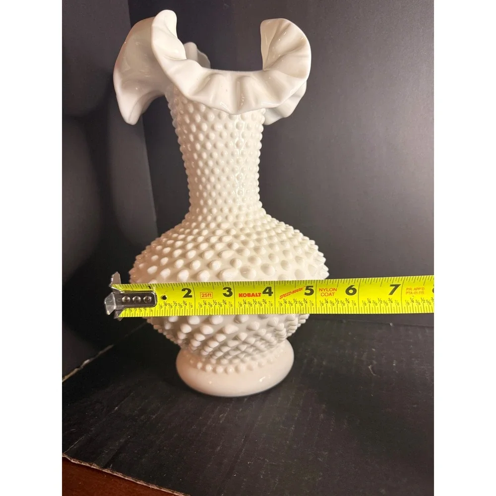 Fenton Milk Glass Hobnail Vase Double Crimped Ruffled Rim Vintage White 9.5 inch